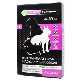 Капли Platinum на холку против блох, клещей и гельминтов для собак 4-10 кг, 1 мл (4 пипетки)