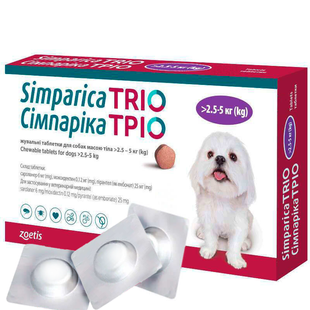 Таблетки от глистов, блох и клещей для собак Симпарика ТРИО 2.5 - 5 кг