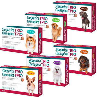 Таблетки від глистів, бліх і кліщів для собак Сімпаріка ТРІО 1.25 - 2.5 кг