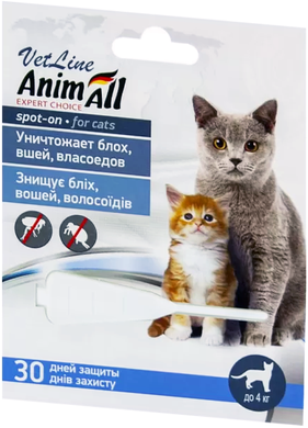 Капли AnimAll VetLine Спот-он против блох, вшей, волосоедов для котов до 4 кг, 0.5 мл