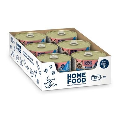 Повнораціонний беззерновий консервований корм HOME FOOD для стерилізованих/кастрованих дорослих котів з лососем та тунцем в соусі, 12 х 85 г