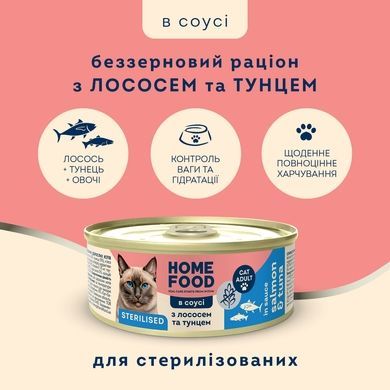 Complete grain-free wet food HOME FOOD for sterilised/neutered adult cats with salmon and tuna in sauce, 12 х 85 g