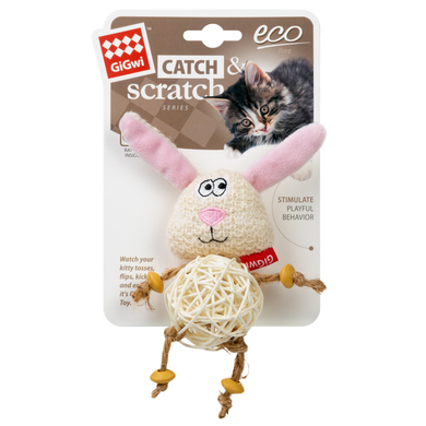 Игрушка для кошек Зайчик с плетеным мячиком и колокольчиком GiGwi Catch&scratch, полиэстер, 10 см