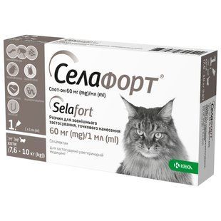 KRKA Selafort &mdash; протипаразитарні краплі Селафорт від бліх, кліщів і гельмінтів для котів вагою 7.6&ndash;10 кг, 1 піпетка