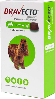 MSD Animal Health Bravecto — таблетка Бравекто від бліх і кліщів для собак вагою 10–20 кг