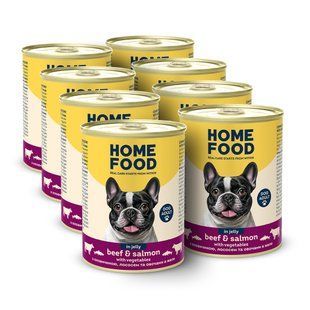 Вологий корм HOME FOOD для дорослих собак з яловичиною, лососем та овочами в желе, 8 х 360 г