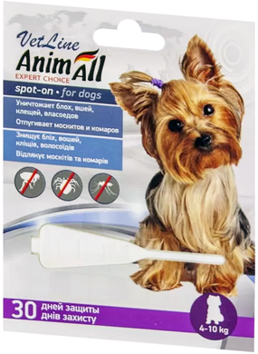 Краплі AnimAll VetLine Спот-он проти бліх і кліщів для собак 4 - 10 кг, 2 мл