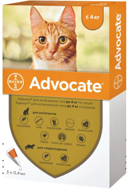 Краплі Bayer Advocate на холку від зовнішніх і внутрішніх паразитів для котів і тхорів вагою до 4 кг