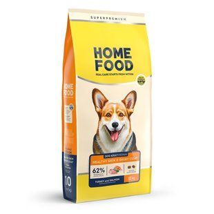 Сухой корм HOME FOOD здоровая кожа и блеск шерсти для взрослых собак средних пород Индейка и лосось Healthy skin and shiny coat, 10 кг