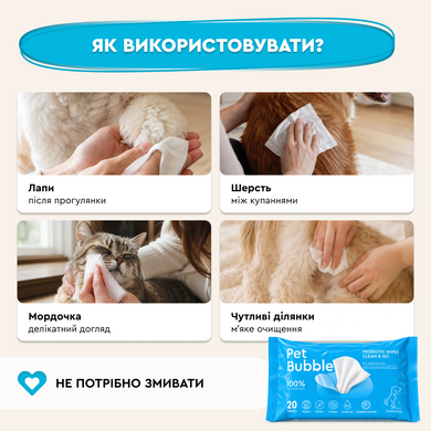 ProbioDay Pet Bubble &mdash; влажные салфетки с пробиотиками для очищения лап, шерсти и кожи собак и кошек Пробиодей, 20 шт