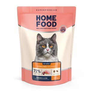 Сухий корм HOME FOOD для вибагливих стерилізованих/кастрованих дорослих котів Chicken & Liver For sterilised/neutered Gourmet, 400 г
