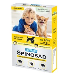 Таблетка Superium Spinosad від бліх для котів і собак вагою 1.3 - 2.5 кг