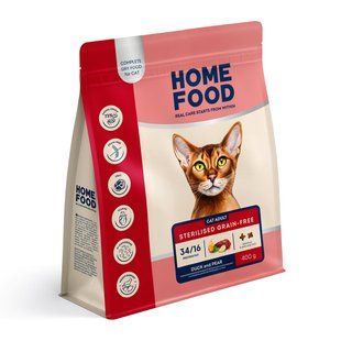Беззерновий гіпоалергенний сухий корм HOME FOOD для дорослих стерилізованих/кастрованих котів Качка та груша Grain-free hypoallergenic. Suitable for exotic breeds, 400 г