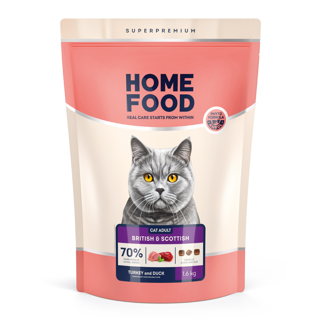 Сухий корм HOME FOOD для дорослих котів британських та шотландських порід Індичка та качка For British and Scottish breeds. Suitable for large breeds