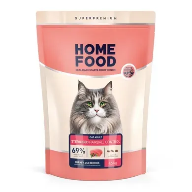 Корм HOME FOOD Индейка и ягоды Hairball Control для стерилизованных кошек