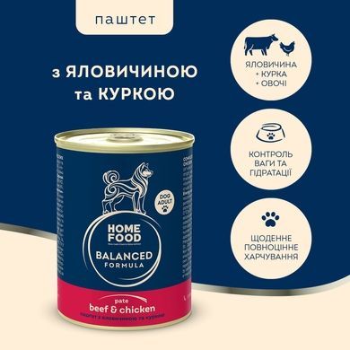 Complete wet food HOME FOOD for adult dogs pate with beef and chicken, 360 g