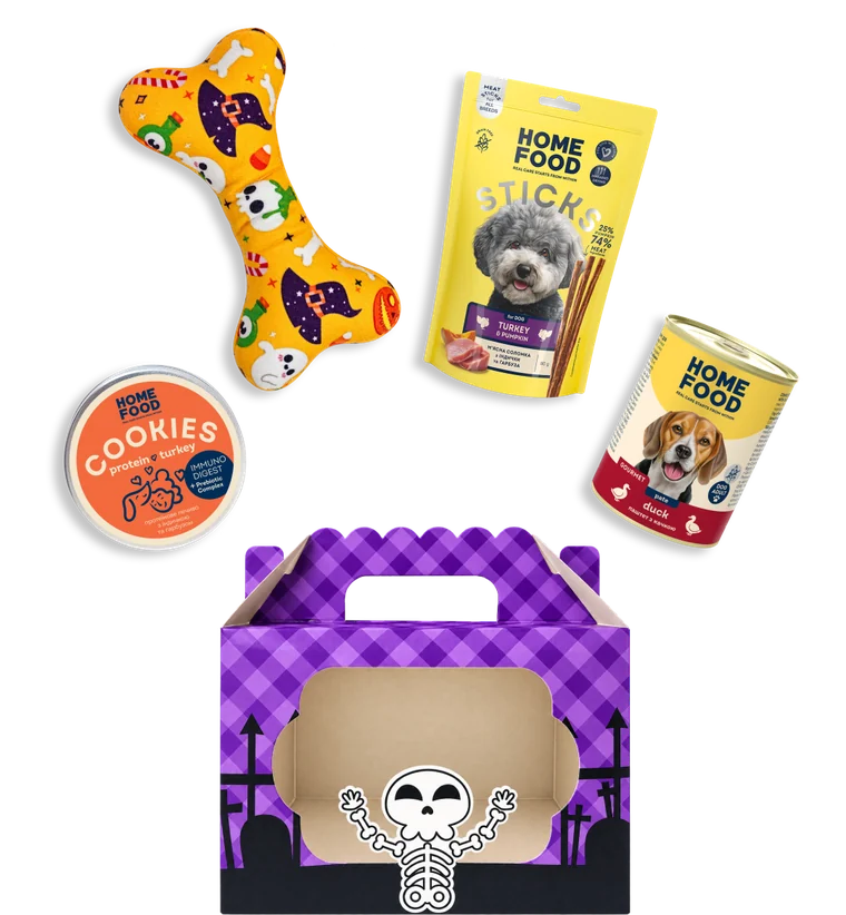 Spooky Box для песика: фіолетова коробка з соломкою, паштетом, печивом та іграшкою-кісточкою