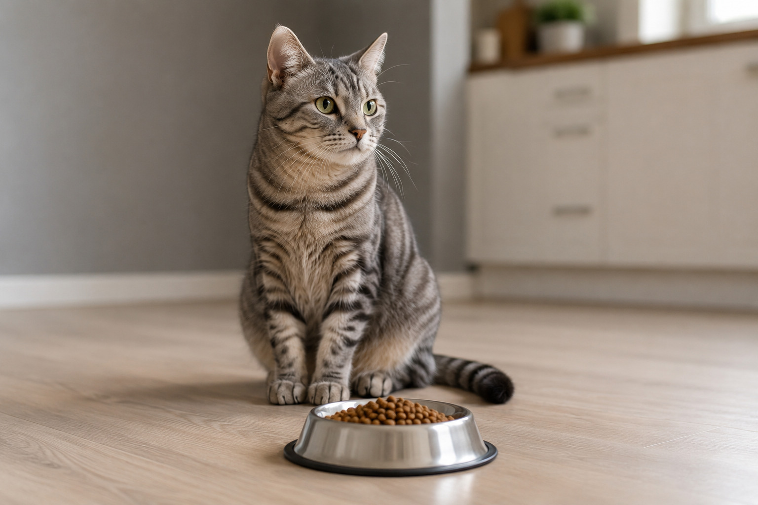 Cat near a food bowl