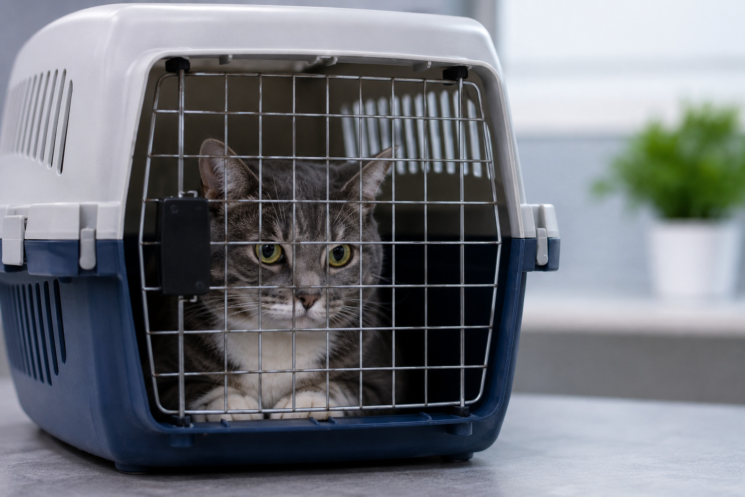 A cat in a carrier for safe isolation
