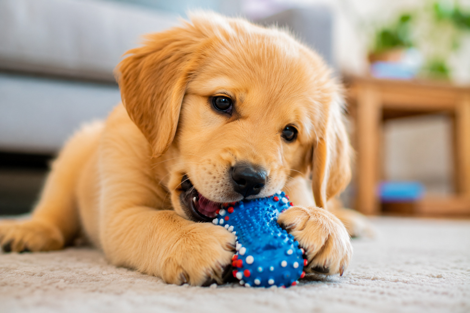 A puppy chewing on a safe toy